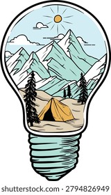 Mountain Landscape Inside Light Bulb Vector Illustration Concept