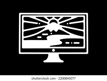 Mountain landscape inside the television Black and white line art mono line tattoo design