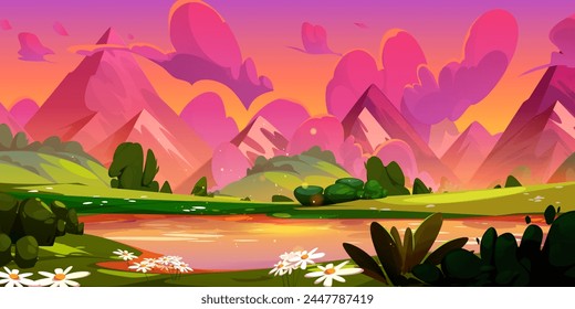 Mountain landscape with lake and daisy flowers on banks on sunset or sunrise. Pond or river near foot of high rocky hills with orange and pink gradient sky with clouds. Cartoon vector evening scenery.