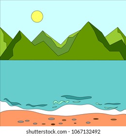 Mountain landscape with a lake at dawn.