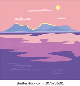 Mountain landscape with a lake at dawn.