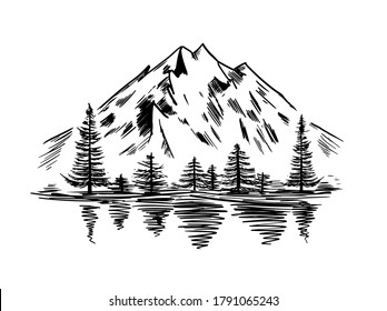 Mountain landscape with lake and firs. Hand drawn rocky peaks in sketch. Black on white vector illustration