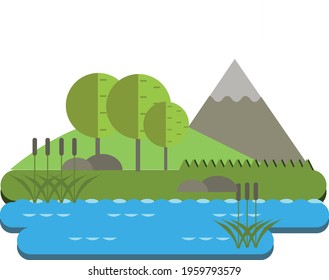 Mountain landscape and lake flat style
