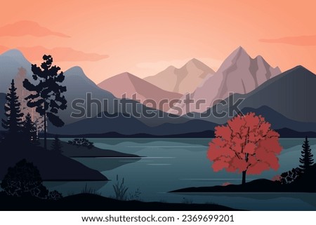 Mountain landscape with lake, forest, sunset, sunrise, vector illustration.
