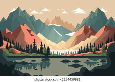 Mountain landscape with lake and forest. Vector illustration in flat style. A mountain range with a lake in the valley