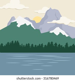 Mountain landscape with lake in the front, vector illustration