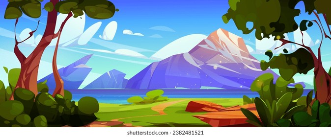 Mountain landscape with lake in green valley. Vector cartoon illustration of beautiful scenery, green forest with grass, bushes and trees, clear blue water sparkling in sunlight, clouds in sunny sky