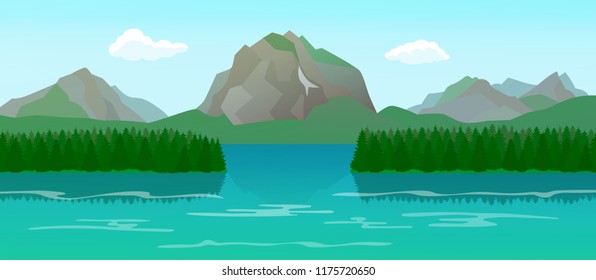 Mountain landscape with lake and islands, forest pond with spruce trees