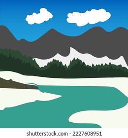 mountain landscape with lake. Mountains pond or lake nature landscape, scenery view. White snowy rocks peaks and calm clear water surface under blue sky tranquil parallax background,  Cartoon vector .