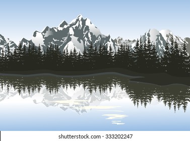 Mountain landscape with lake and peaks. Vector illustration.