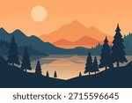 Mountain landscape with lake and pine trees at sunset minimalist illustration. EPS 10.