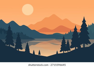 Mountain landscape with lake and pine trees at sunset minimalist illustration. EPS 10.
