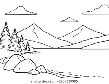 Mountain Landscape with Lake and Pine Trees Coloring Page for Kids and Adults, Vector Line Art Illustration