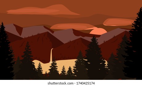 mountain landscape with a lake in red colors