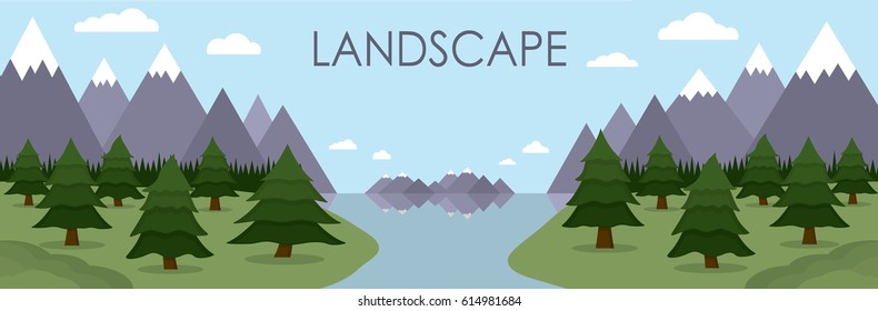 Mountain landscape with lake reflections, surrounded by pine tree forest. Banner vector illustration in flat style, elements isolated on background.