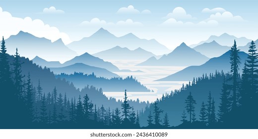 Mountain landscape with lake, ridges in fog, forest on slopes, vector illustration