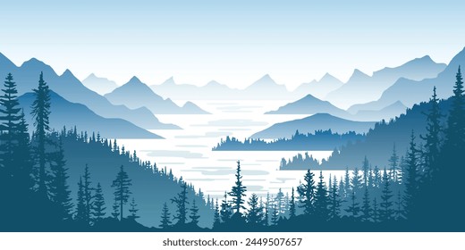 Mountain landscape with lake, ridges in fog, forest on slopes, vector illustration
