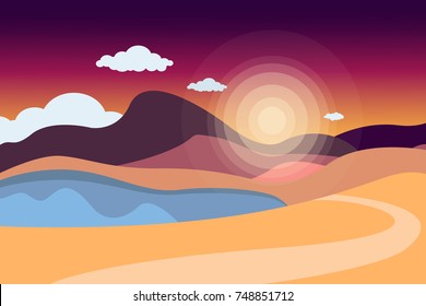 Mountain landscape with a lake and a road. Sky with clouds. Summer nature. Travel, outdoor activities, outdoor sports, vacation. Flat style. Vector illustration.