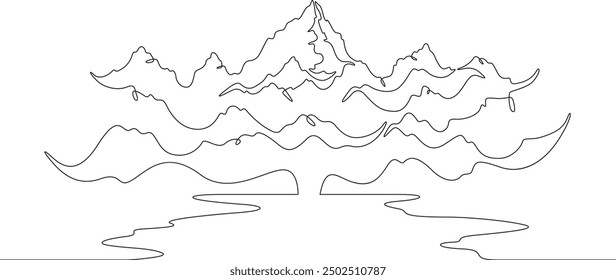 Berglandschaft mit See. Steine in der Nähe des Wassers. Bergsee. Meeresbucht. Eine durchgehende Linie. Linienart. Mindestens eine Zeile. Weißer Hintergrund. Eine Strichzeichnung.