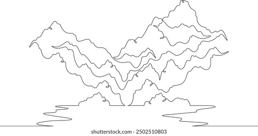 Mountain landscape with a lake. Rocks near the water. Mountain lake. Sea bay.One continuous line. Line art. Minimum one line. White background. One line drawing.