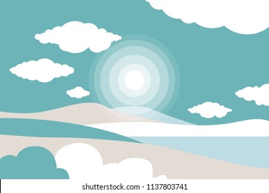 Mountain landscape with a lake. Sky with clouds. Summer nature. Travel, outdoor activities, outdoor sports, vacation. Flat style. Vector illustration.