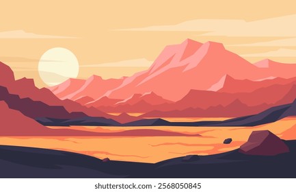 Mountain landscape with lake at sunset. Vector illustration in flat style