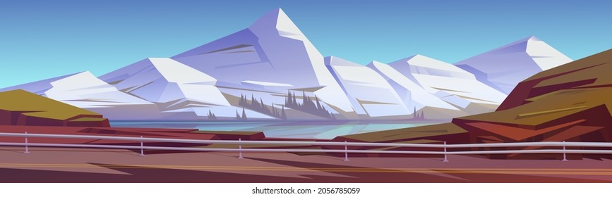 Mountain Landscape With Lake, Trees On Coast And Car Road With Metal Barrier. Vector Cartoon Illustration Of Nature Scenery With White Rocks, Coniferous Forest On River Shore And Highway