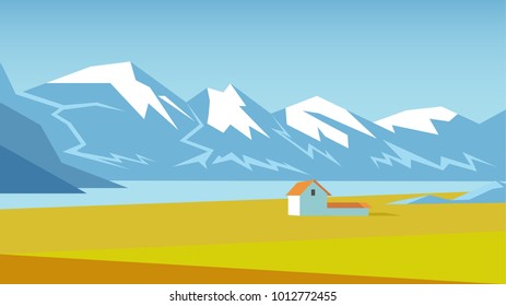 Mountain landscape with lake, yellow meadow and a house on it vector illustration