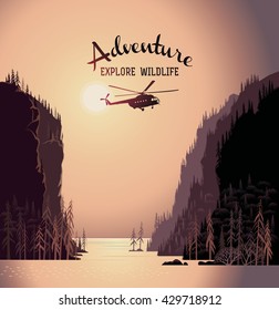 Mountain landscape from lakes and design element with silhouette helicopter.