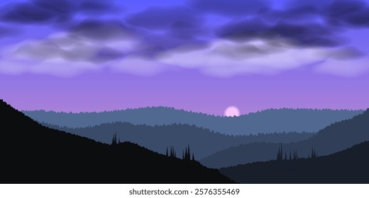 Mountain landscape in the late evening. Mountains, full moon and fir-trees