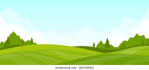 Mountain landscape lawn view green with white clouds and blue clear sky vector background