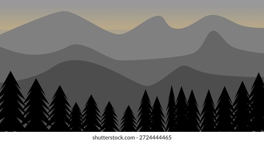 Mountain landscape with layered gray hills and dark pine forest silhouette in the foreground.