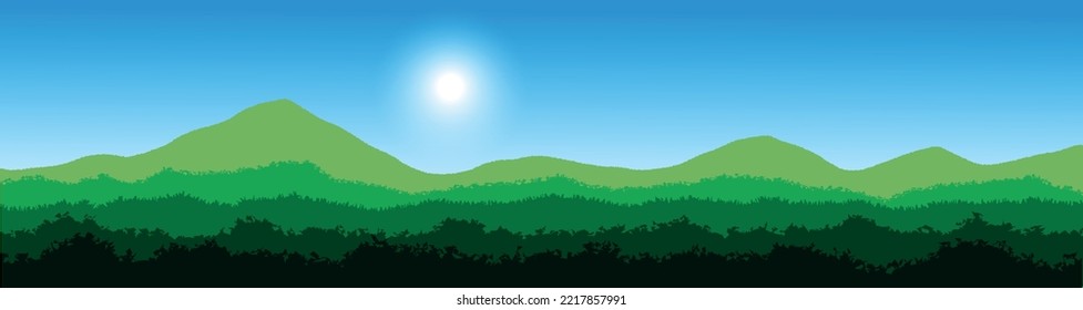 Mountain landscape layers panorama scene sunlight blue sky background. Vector illustration. 