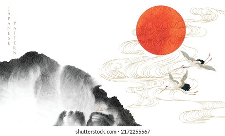 Mountain landscape layout design with crane birds in oriental style. Abstract art template with geometric pattern. Japanese background with watercolor texture vector. Red sun element.