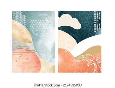 Mountain landscape layout design in oriental style. Japanese background with geometric pattern texture vector. Abstract art template with Asia traditional banner and hand drawn wave element.