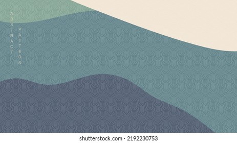 Mountain landscape layout design in oriental style. Japanese background with Japanese wave pattern texture vector. Abstract art template with geometric pattern. Asia traditional banner