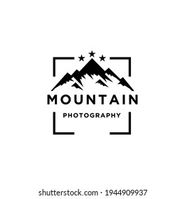 Mountain Landscape with Lens Frame and Star for Adventure Outdoor Nature Photography Photographer Logo Design