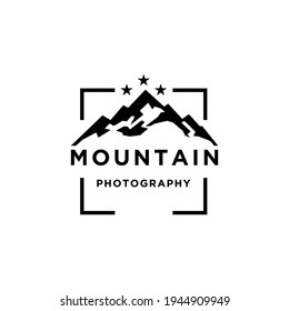 Mountain Landscape with Lens Frame and Star for Adventure Outdoor Nature Photography Photographer Logo Design
