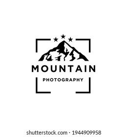 Mountain Landscape with Lens Frame and Star for Adventure Outdoor Nature Photography Photographer Logo Design