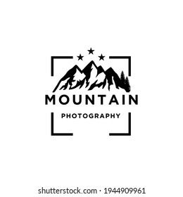 Mountain Landscape with Lens Frame and Star for Adventure Outdoor Nature Photography Photographer Logo Design
