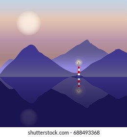 Mountain landscape with lighthouse and lake. Vector illustration EPS10