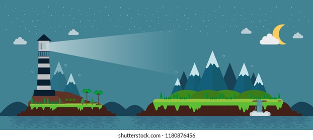 Mountain landscape and lighthouse at night, flat design vector illustration.