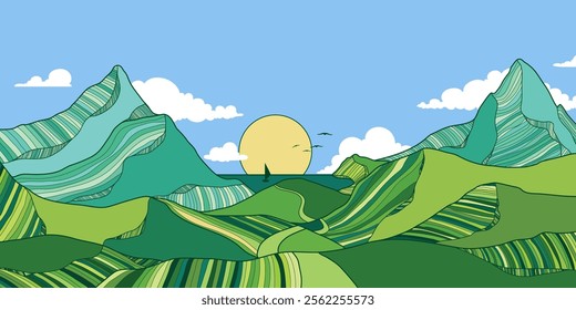 Mountain Landscape with Line Art Cartoon Style. Scenic black and white landscape design for fabric, prints, and wall art. Simple line drawing of mountain.