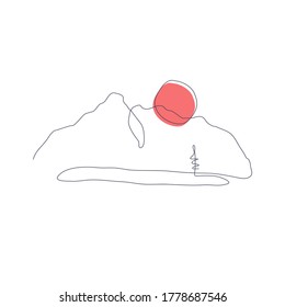 Mountain landscape line art. Hand drawn silhouette. Nature, rock, lake panoramic sketch.Minimalism contour illustration. Isolated linear design element, clipart