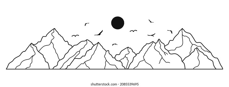 Mountain Landscape Line Art. Minimal Outline Vector Background With Mountain Ranges