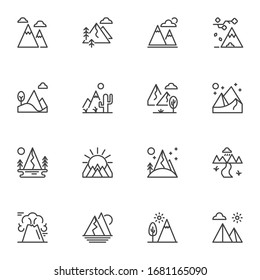 Iconos de la línea de paisaje de montaña. colección de símbolos de estilo lineal, paquete de signos de esquema. gráficos vectoriales. El conjunto incluye íconos como pico de montaña nevado, erupción volcánica, nubes, árboles forestales, colina del valle