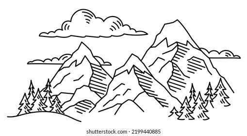 Paisaje montañoso. Esbozo de línea. Ilustración vectorial. Grosor del trazo de contorno modificable.