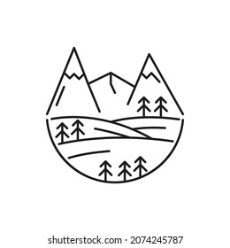 Icono lineal del paisaje de montaña aislado. Señal de la naturaleza de la delgada línea vectorial, símbolo simple de pico de hielo de alta montura. Ruta del cielo con abetos, paisaje de los Alpes suizos. Montañas de nieve de Austria