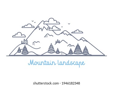 Mountain landscape - linear vector simple illustration on white background simple linear illustration on white background. .