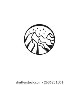mountain landscape logo with circle frame in flat vector design style